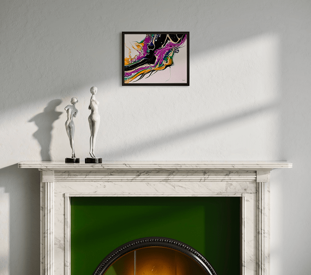 Marble fireplace, abstract painting, two sculptures.