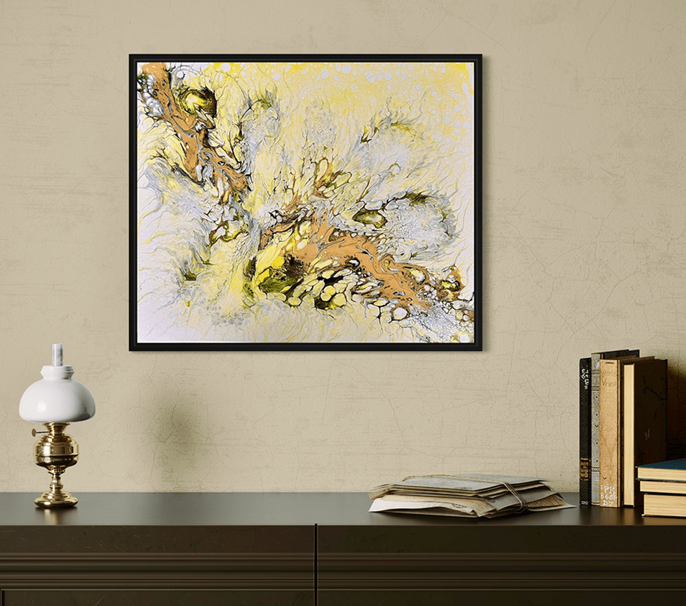 Abstract painting on wall above desk.