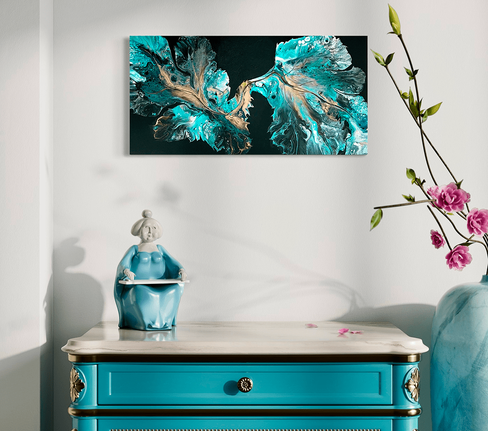 Blue dresser with abstract art and vase.