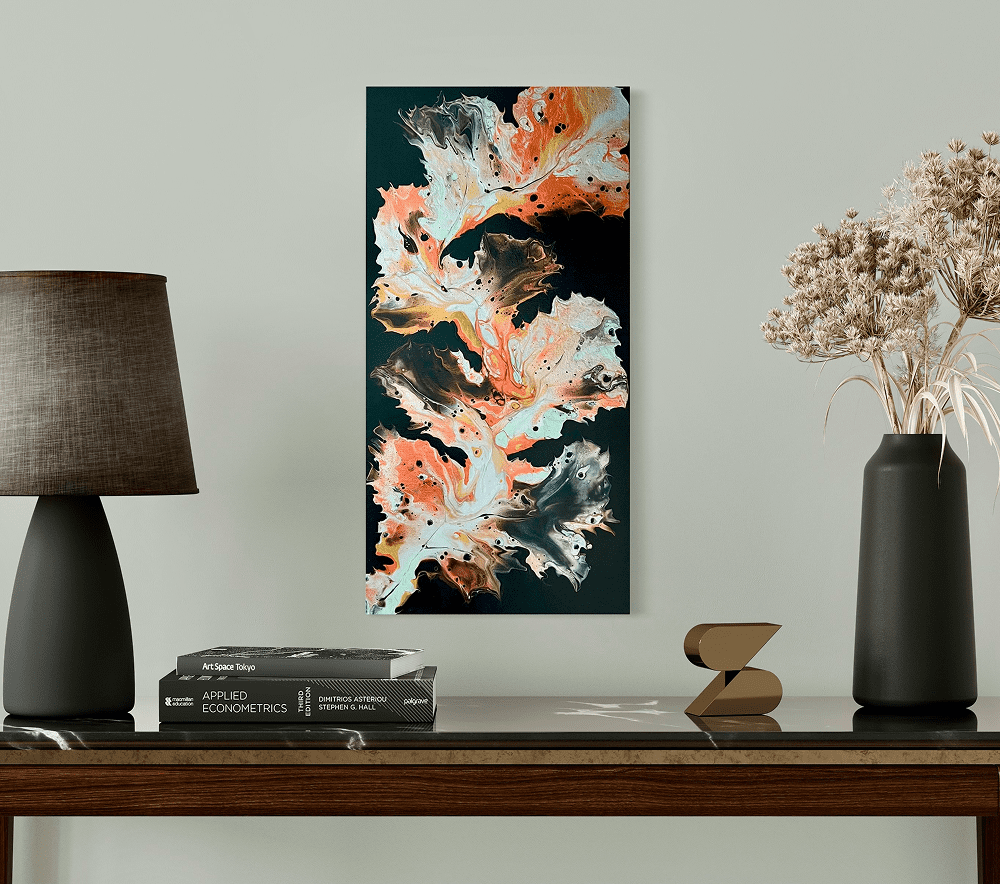 Abstract painting above modern console table decor.