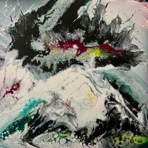 Abstract painting with vibrant swirling colors.