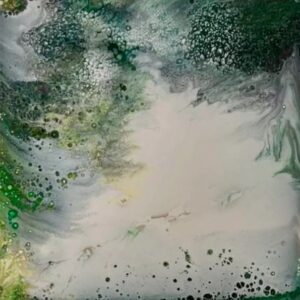 Abstract green and white fluid art painting.